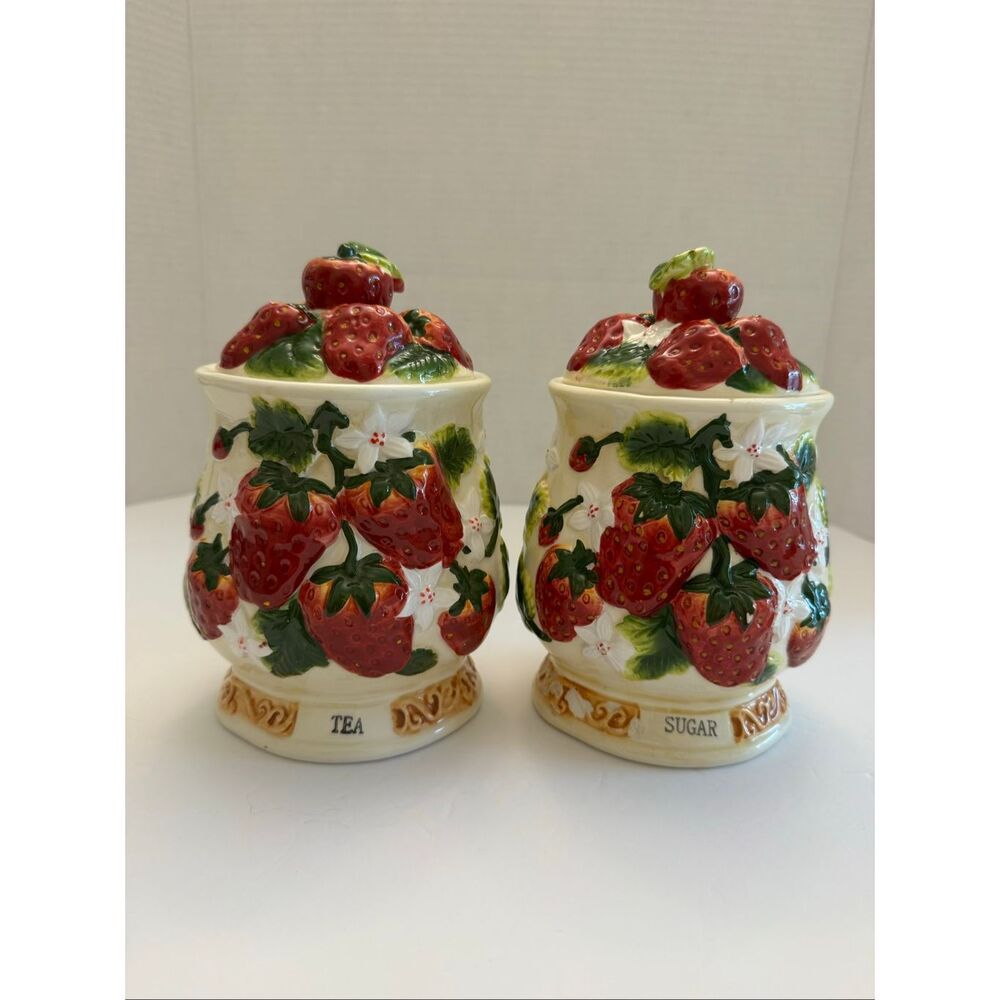 Vintage Retro Strawberry & Floral Sugar and Tea Canister Set of 2 READ